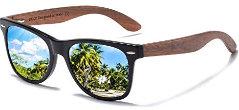 DUCO Polarisierte Sonnenbrille Herren Damen Sonnenbrille polarisiert mit UV-Schutz Walnuss Sonnenbrillen mit Holzrahmen Umweltfreundliche Designerbrille DC2141 (Blau)