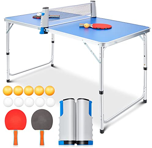 Pinkunn Table Tennis Table Portable Foldable Tables Tennis Game Set with 2 Tabled Tennises Paddles 10 Tabled Tennises Ball and 1 Net Height Adjustable Compact Storage Fit in Most Closet(4 x 2 ft)