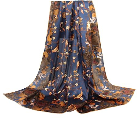 ANDANTINO 100% Pure Mulberry Silk Scarf 43 Large Square Lightweight Headscarf& Shawl–Women Hair Wraps-With Gift Packed, Blue-flower&birds, Large