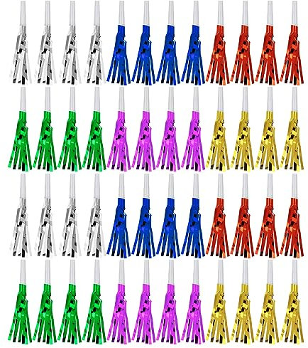 48 bunte Geräuschmacher, glitzernde Metallic-Fransen, Party-Hörner, Party-Gebläse, Musik-Pfeife für Kinder und Erwachsene, Geburtstagsparty, Sport, Abschlussfeier, Partyzubehör