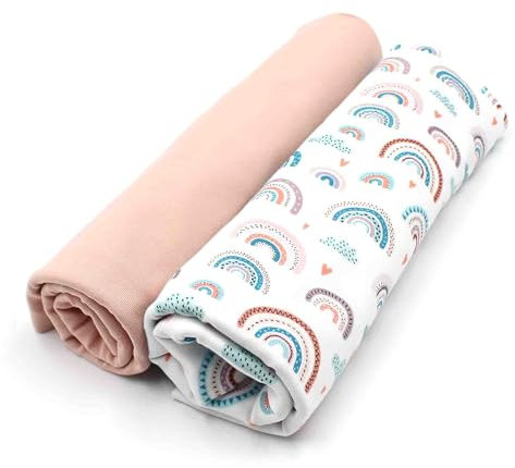 VmG-Store Jerseystoff Set farblich abgestimmt Design + Uni je 0,5mx1,5m 95% Baumwollstoff 5% Elasthan Tex Standard 100 (Regenbogen Pastell Weiß + Hell Mauve Set14)