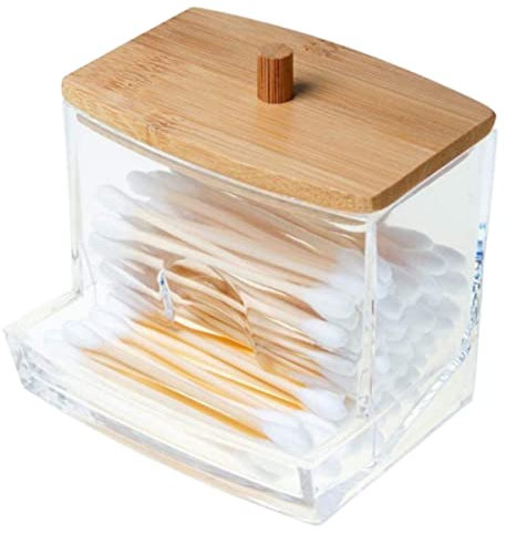 Acrylic Cotton Ball Holder with Bamboo Lid,Vanity Cotton Wool Bud Jar Cotton Swab Dispenser Round and Square Cotton Swabs Storage Box Container Cosmetics Organiser for Bathroom Guest Room Counter (A)