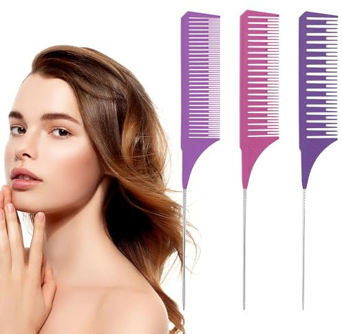 MHDUYEG 3 Stücke SträHnenkamm Strähnchen Comb Hair Strähnenkamm, Stielkamm Nadelstiel Friseur Kamm 3 Farbe Professionelle Antistatische Highlight Kamm Für Haare Melieren Und Färben Styling