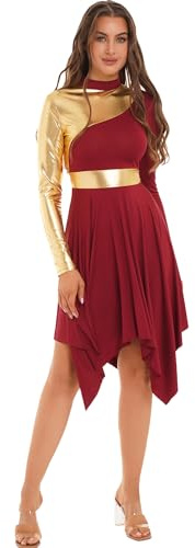 TiaoBug Vestido Brillante de Ballet para Mujer Disfraz de Danza Cristiana Vestido de Tul Asimétrica Vestidos Baile de Salón Contemporánea Borgoña M