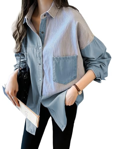 MGizo DtiSpectrum Chemise en Denim Imitation Pur Coton pour Femme - Chemise Boutonnée à Rayures Surdimensionnée, Manches Longues et Bouton-Pression en Métal, Chemisier Patchwork Bleu Denim