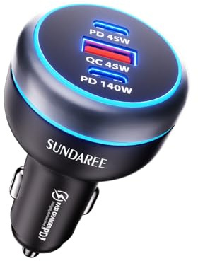 SUNDAREE 230W Caricatore Auto USB C,3 Porte 12V 24V PD 140W QC Carica Rapida Tipo C Caricabatterie Accendisigari Cellulare Adattatore for Macbook/Galaxy Book/ThinkPad/Laptop/Samsung A56/iPhone,Nero