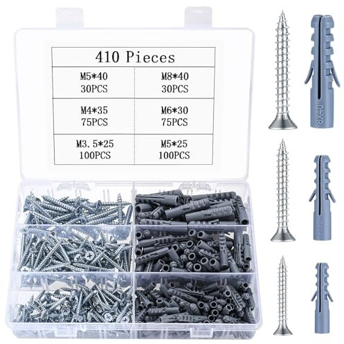 410 STK Beton Schrauben Dübel Set mit Schrauben, Dübel Schrauben Set, Gipskarton Schrauben und Dübel Set, Betonwand Schlagdübelset, Gipskartondübel mit selbstschneidende Schrauben, Holzschrauben Set