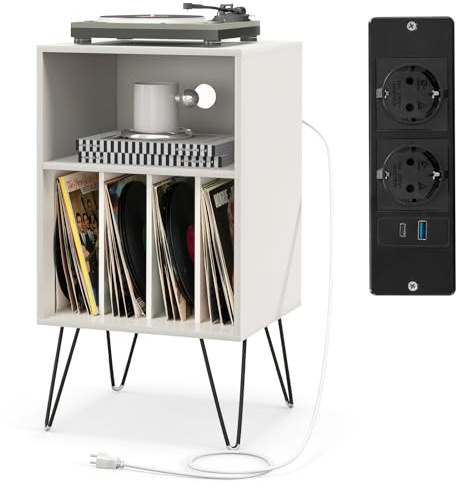 COSTWAY Plattenspieler-Ständer mit Ladestation, 3-stufiger Schallplattenständer, Vinylplatten Aufbewahrungstisch mit Regal & 4 Trennwänden für Wohnzimmer 48 x 40 x 88 cm (Weiß)