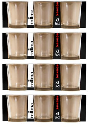 Toima. 12 Vasos de Vidrio Egipcio - Resistentes, Transparentes y Duraderos. Set de 4 Packs de 3 Vasos de Cristal Agua, Otras Bebidas. Apto para Lavavajillas, 36 Centilitros.