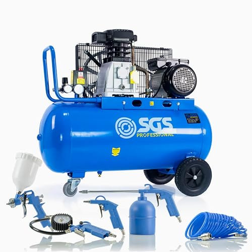 SGS 90 Litre Belt Drive Air Compressor with 5-Piece Tool Kit – Powerful Garage & Workshop Compressor, 3HP, 14 CFM, 150 PSI