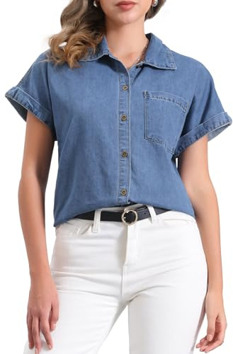 Allegra K Women's Denim Shirt Short Sleeve Button Down Classic Jean Shirt Tops Blue S