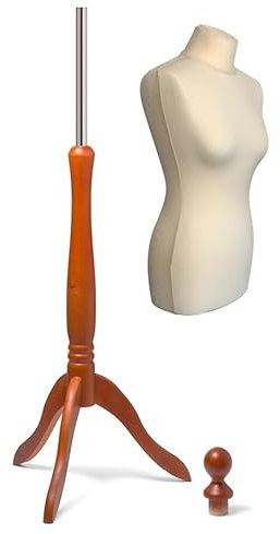 Mannequin de couture basique pour femme en mousse polyuréthane, taille L (40/42) avec revêtement blanc crème et trépied en bois marron