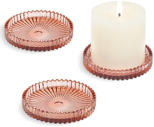 HofferRuffer Lot de 3 assiettes en verre de 10 cm, bougeoirs ronds pour bougies piliers, bougeoirs, marron rougeâtre