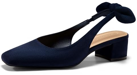 Coutgo Womens Chunky Low Heels Bow Slingback Pumps Closed Square Toe Wedding Party Dress Shoes, Navy, Size 10