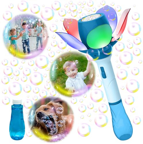 HONPHIER Seifenblasenstab Blume LED Hand Seifenblasenmaschine Wiederaufladbare Luftblasen Maschine Seifenblasen Gerät Outdoor Spielzeug für Kinder Geburtstag Party (Blau)