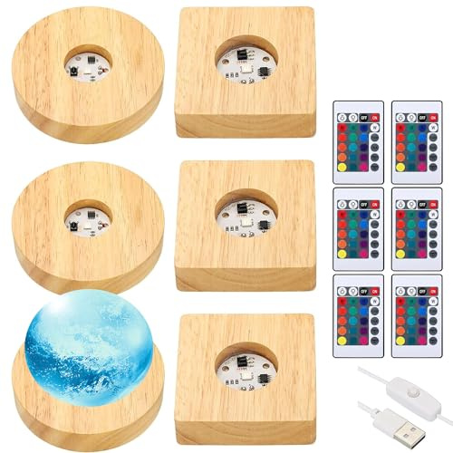 WDEC 6PCS Base Luminosa in Legno, Rotondo e quadrato, Base luminosa a LED con USB, 16 Colori LED Con Interruttore Regolabile, Base quadrata in legno per luci, per Vetro Acrilico, Colore Caldo