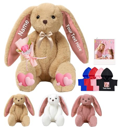 DRAJOIN Animal en Peluche Lapin Personnalisé, Personalized Stuffed Bunny avec Photo Texte comme Cadeau Personnalisé Lapin en Peluche pour Adulte Enfants Premier Cadeau de Pâques, 25 cm