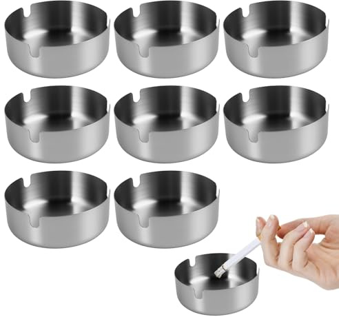 8 Pezzi Posacenere con 3 Grooves, 8cm Posaceneres da Esterno, Portaceneree in Acciaio Inox, Posacener Rotondo da Tavolo, Interno Ed Esterno, Portacenere Argento per Giardino Bar Ristorante Ufficio