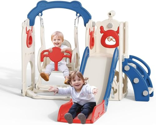 Scivolo per bambini, grande con cestino da basket, struttura per arrampicata per giardino, telescopio, spazio di archiviazione, per 1-3 anni, extra lungo 1700 mm (scivolo originale 6 in 1 + altalena