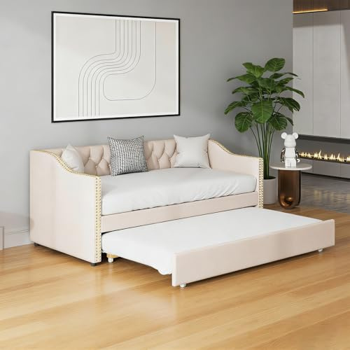 FCSQIU 2-sits cabriolet bäddsoffa 90/180 x 200 cm, vadderad bäddsoffa med ribbotten, 2-i-1 sängram, konvertibel, vadderad säng för lägenhet, vardagsrum