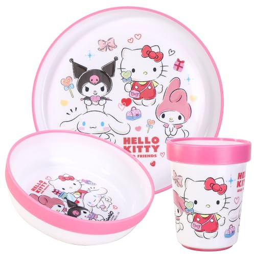Hello Kitty & Friends 3pcs Reusable Bicolor Premium Kids Dinner Tableware Set Plate, Bowl & Tumbler, BPA Free