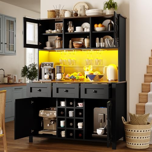 Huayz Mobile da cucina alto con porte USB e prese, armadio laterale con 4 ante e 3 cassetti, credenza con striscia luminosa a LED, armadio da cucina, credenza (nero)