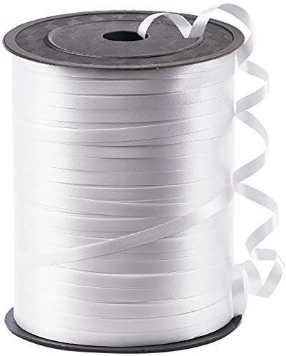 PartyWoo Geschenkband Weiß, 450 Meter/ 500 Yard Schleifenband, Ringelband, Glänzendes Ballonband, Dekoband für Ballonverschlüsse, Geschenkverpackung, Basteln, Partydeko, Hochzeitsdeko (1 Rolle)