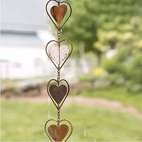 convinced8 Hanging Rain Chains, Creative Kettle/Heart/Butterfly/Ring/Bell Style Link Rain Chain with Metal Chains for for Office Window Stone Wall Decorative Wall Art Ornaments (Heart Style)