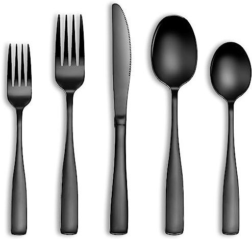 20 Pcs Black Silverware Set, Food-Grade Stainless Steel Flatware Set for 4, Square Cutlery Set, Mirror Polished Tableware Eating Utensils Set for Kitchen, Include Knife Fork Spoon Set,Dishwasher Safe