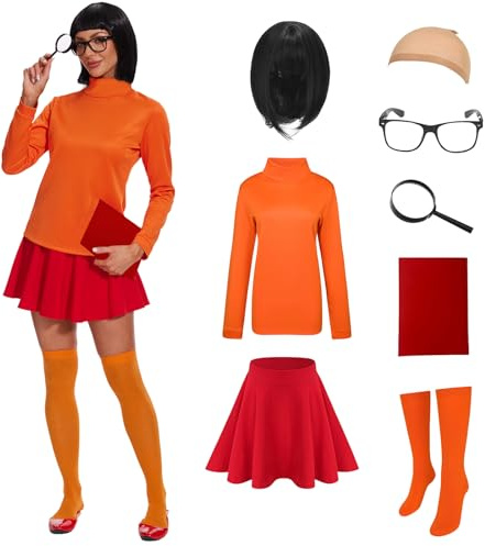 AJGEGJE Costume Velma da donna, top a collo alto arancione, gonna a ruota, calzini, costume da cosplay per adulti, per feste, carnevale e Halloween (XL)