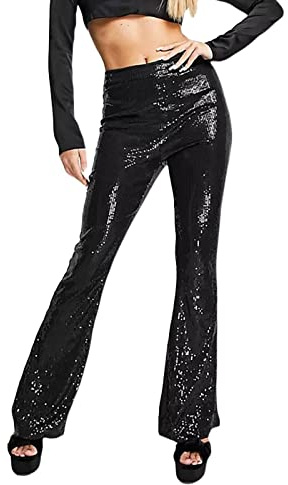 Yassiglia Women's Glitter Sequin Trousers Y2K Sparkly Slim High Waist Elastic Flared Pants Glitter Leggings for Party Clubwear (Black, S)