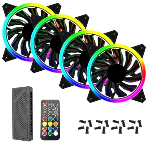 RGB PC Cooling Fan Kit, Rainbow LED Addressable RGB 120mm Case Cooling Fans With Hub Controller Set for PC Cases, Gaming PCs (4 Fans With Hub)