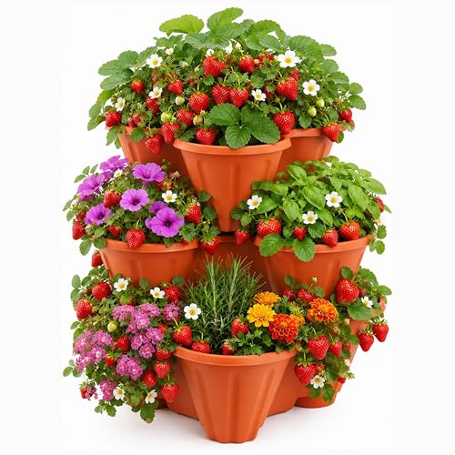ADEPTNA Pack of 3 Stackable Trio Strawberry Planter Pots Terracotta Durable Plastic Herb Flower Bedding Plant Container Weather-Resistant Vertical Garden Design Perfect Indoor Outdoor