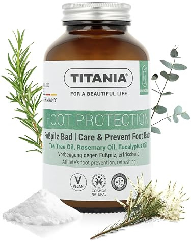 TITANIA fotbadsalt med teeträdolja för hygienisk fotvård 325 g | Uppfriskande fotbad med teeträdolja, rosmarin och eukalyptus, vegan, utan mikroplaster, tillverkad i Tyskland