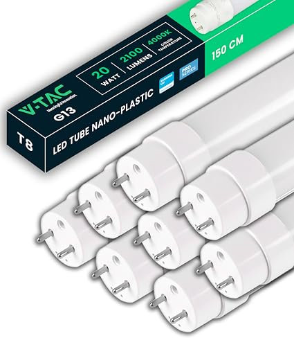 V-TAC 8x Tubi LED 150 CM con attacco G13 20W - 2100 Lumen - Chip Samsung - Tubi LED per Soffitto, Parete, Garage, Negozio - Tubo LED forma T8 - Sostituzione Neon - Luce 4000K Bianca Naturale