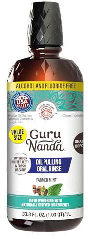 GuruNanda CocoMint Oil Pulling Mouthwash for Complete Oral Hygiene, 7 Essential Oils & Vitamins for Happy Teeth & Gums & Fresh Breath, Alcohol-Free, 33.8 Fl Oz/1L