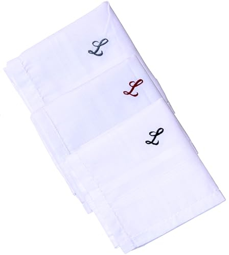 Hell Blues Fazzoletto da uomo con monogramma ricamato con iniziali, confezione da 3 pezzi, 100% cotone, misura king size, colore bianco, idea regalo, L, 18inch X 18inch