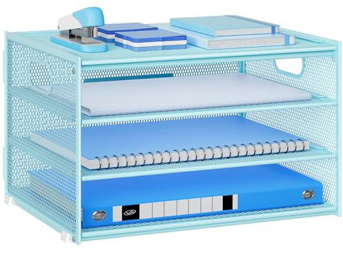 Marbrasse Organizador de Escritorio,4 Niveles Cestas de Correo, Portarevistas,Soporte de Almacenamiento para Papel,Organizador de Bandejas de Archivación,Oficina,Casa (Azul)