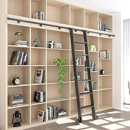 Kit di ferramenta a scala da biblioteca nero satinato, non richiede scala, include aste in metallo e ruote girevoli e ganci scorrevoli per una decorazione semplice di casa e ufficio
