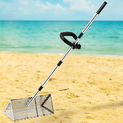 MENGBEI Rastrello per pulci di sabbia, in acciaio inox, larghezza 40,6 cm, setaccio per denti di squalo, conchiglie e granchi di sabbia, design pieghevole con schermo di scarico