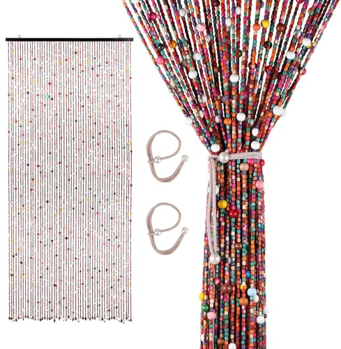SWAWIS 200x90cm Cortina de Perlas para Puerta Colorido, Cortina de Bambú para Puerta con Correas Ajustables, 52 Hileras de Cuentas, Estilo Bohemio, para Decoración y Control de Insectos