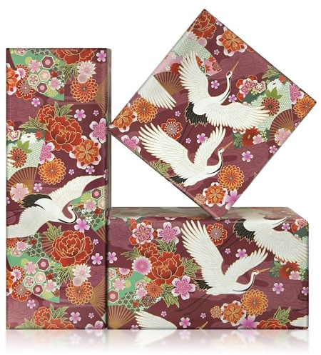 Geluode Carta da regalo giapponese, stile giapponese, motivo gru a ventaglio con fiori rossi e bordeaux, 4 fogli piegati piatti da 50,8 x 71,1 cm, per compleanni, matrimoni, baby shower