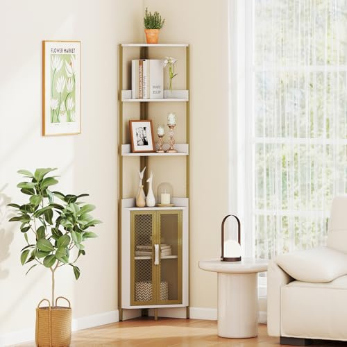 GIANTEX Librería Esquinera 170 cm, Estantería de Almacenamiento con Armario Inferior y 4 Estantes Abiertos, Puertas Duales con Rejilla, Mueble Organizador para Salón, Oficina, Cocina (Blanco)