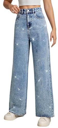 Leaomuny Jeans con Brillantini Donna Larghi Vita Alta Trousers Taglie Forti Women Gamba Larga Pantaloni Palazzo alla Caviglia Comodi Eleganti in Denim Y2k con Tasche alla Moda Streetwear