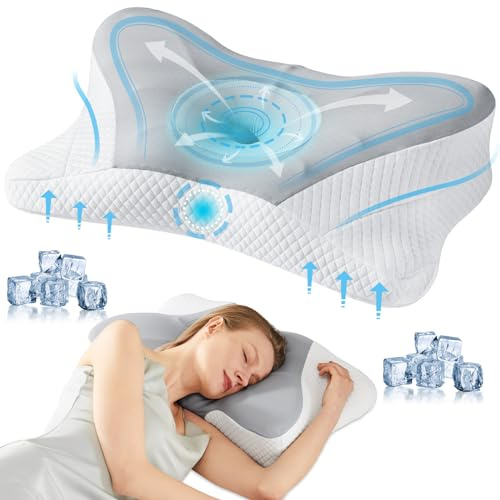 DUMOS Cervical Neck Pillow, Cooling Ergonomic Memory Foam Pillows for Neck Pain Relief with Breathable Pillowcase, Dual Height Orthopedic Support Contour Pillow for Side, Back, Stomach Sleepers, Grey