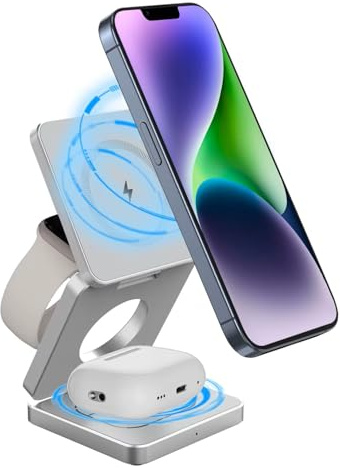 Foldable 3-in-1 Magnetic Wireless Charger for iPhone 17/16/15/14/13/12 Apple Watch, AirPods Pro Qi-Enabled 15W Android Devices MagSafe Travel Portable Charging Station Lightweight Fast (Silver)