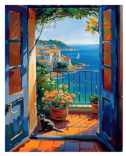 1 St Öppet Fönster Tryck Stil Fauvism Målning Hav Apelsinträd Kustnära Utsikt Canvas Affisch