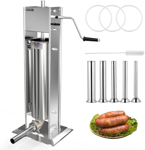 ROVSUN 15LBS/7L Manual Sausage Stuffer, Two Speed Stainless Steel Vertical Sausage Maker, Meat Filling Machine with 5 Stuffing Tubes for Commercial and Home
