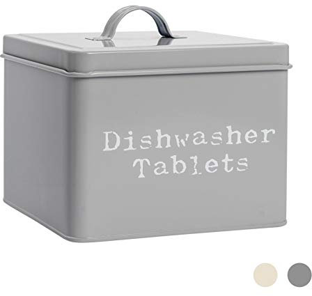 Harbour Housewares Dishwasher Tablet Storage Container - Grey - Steel Vintage Industrial Under Sink Storage Caddy Cupboard Organiser for Laundry Detergent Pods, Dish Washer Tablets