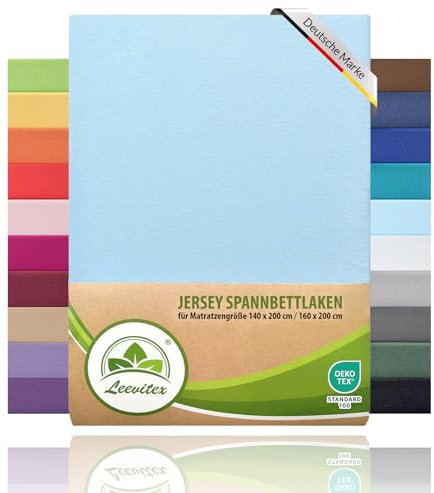 leevitex® Spannbettlaken 140x200cm - 160x200 cm | Spannbetttuch Bettlaken | 100% Jersey Baumwolle | Matratzenhöhe bis 25 cm | Öko-Tex | Hellblau/Himmelblau